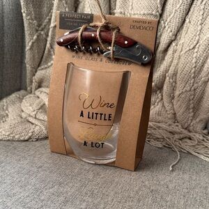 Demdaco Wine Glass and Corkscrew Set - Gold and Brown Accents